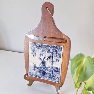 Vintage Delft Cheese Board Blue & white Windmill Tile Wood charcuterie cutting
